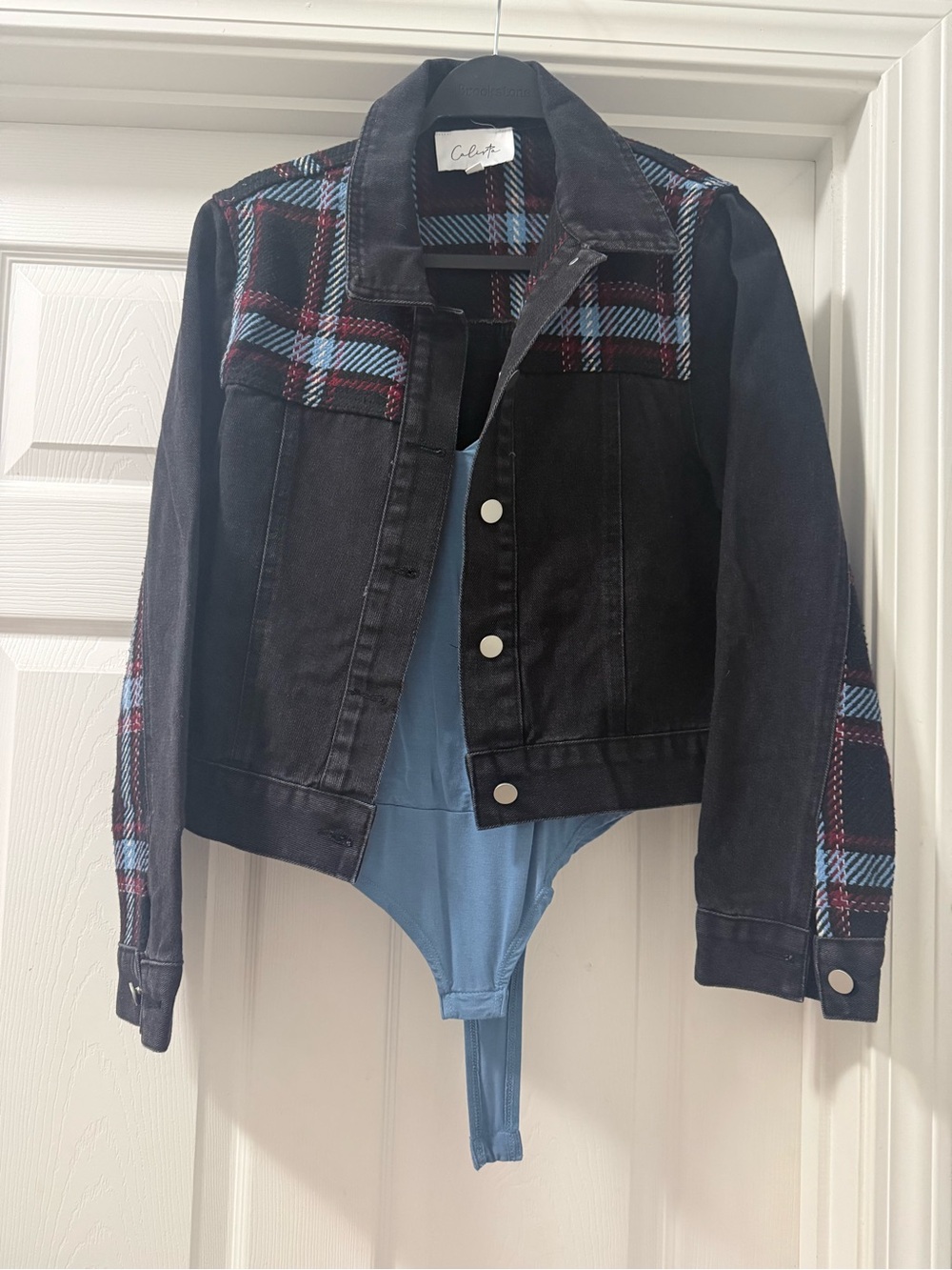 Final Touch Black Denim Bodysuit Jacket with Blue and Pink Plaid